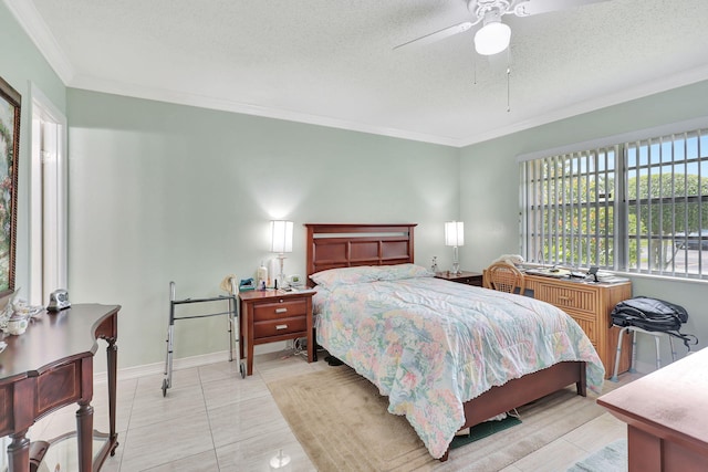 bedroom featuring a textured ceiling, ceiling fan, light tile floors, and ornamental molding