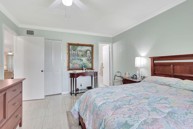 bedroom with a closet, ceiling fan, crown molding, and light tile floors