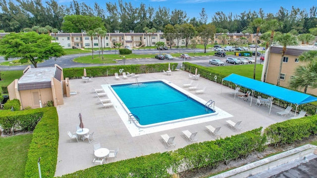 view of pool featuring a patio and a lawn