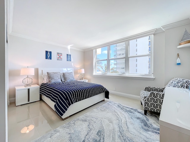 tiled bedroom featuring ornamental molding