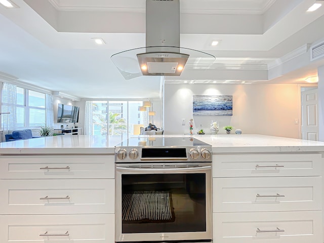 kitchen with ornamental molding, white cabinetry, and stainless steel electric stove