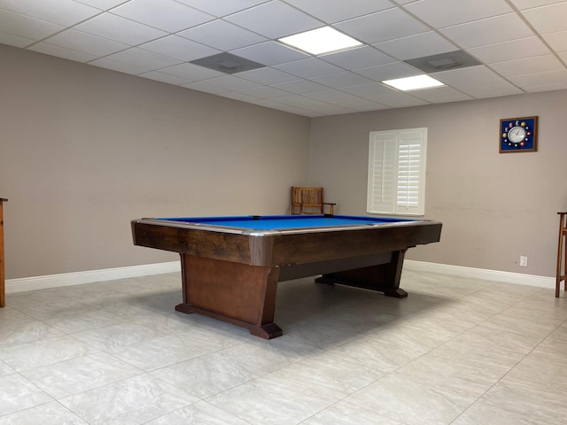 game room featuring a drop ceiling, light tile floors, and pool table