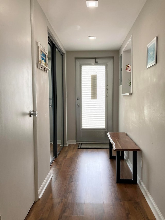 doorway with dark hardwood / wood-style flooring