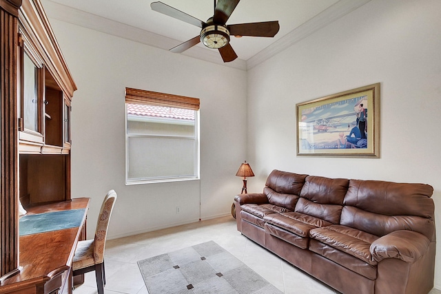 tiled living room featuring ceiling fan and ornamental molding