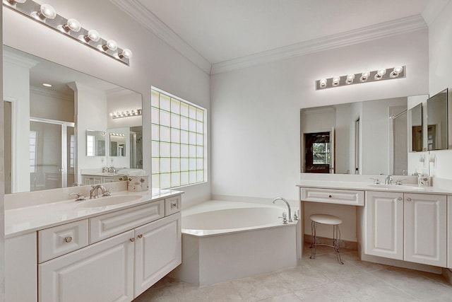 bathroom with a bath to relax in, ornamental molding, tile floors, and large vanity