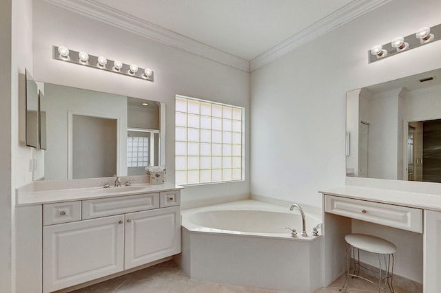 bathroom featuring a bathtub, ornamental molding, vanity, and tile floors