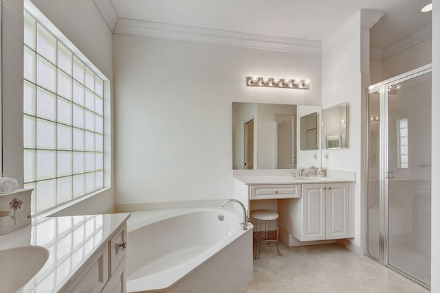 bathroom with separate shower and tub, crown molding, large vanity, and tile floors