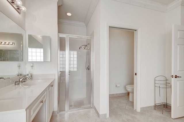 bathroom featuring ornamental molding, toilet, vanity, and walk in shower