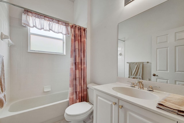 full bathroom with toilet, shower / bath combination with curtain, and vanity