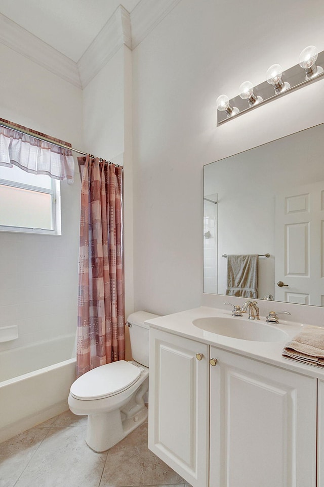 full bathroom with crown molding, toilet, vanity with extensive cabinet space, shower / bathtub combination with curtain, and tile floors