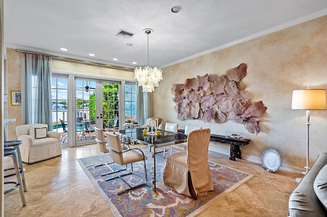 dining room featuring french doors, crown molding, a textured ceiling, and light tile floors