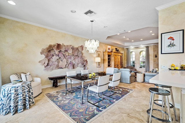 dining space with ornamental molding, a notable chandelier, and light tile floors