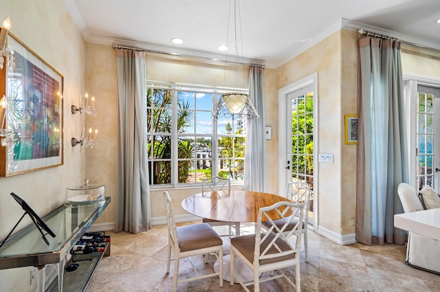 tiled dining space featuring ornamental molding