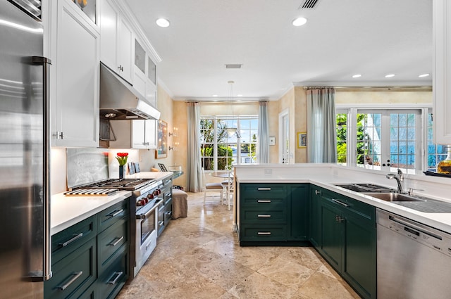 kitchen featuring light tile floors, sink, high quality appliances, white cabinetry, and ornamental molding