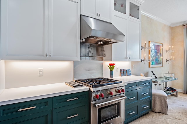 kitchen with ornamental molding, designer range, and white cabinets