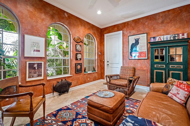 tiled living room featuring crown molding