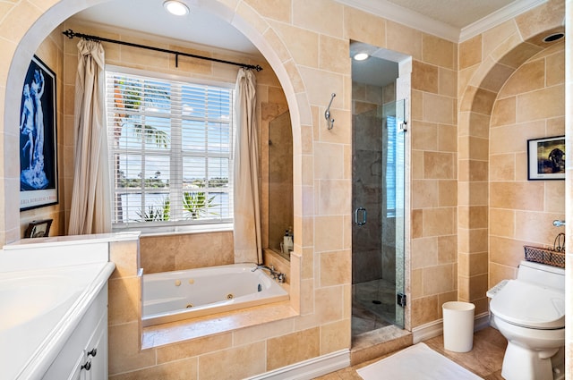 full bathroom featuring toilet, tile flooring, vanity, plus walk in shower, and ornamental molding