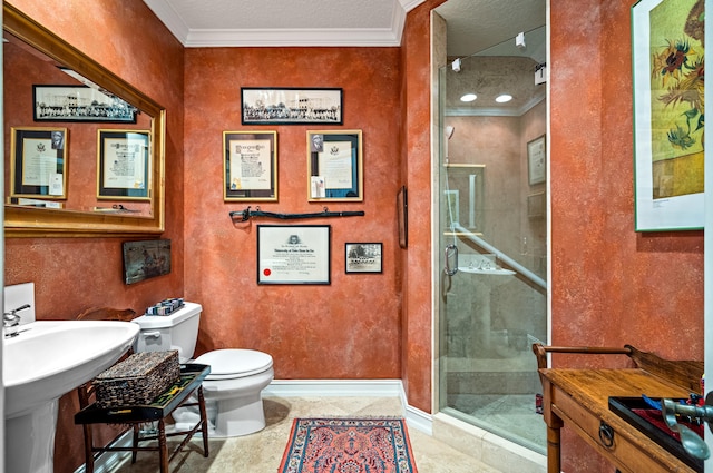 bathroom featuring walk in shower, crown molding, toilet, tile flooring, and a textured ceiling