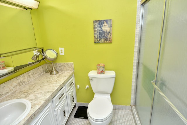 bathroom with vanity, an enclosed shower, tile patterned flooring, and toilet