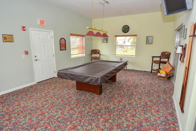 recreation room with carpet floors and billiards