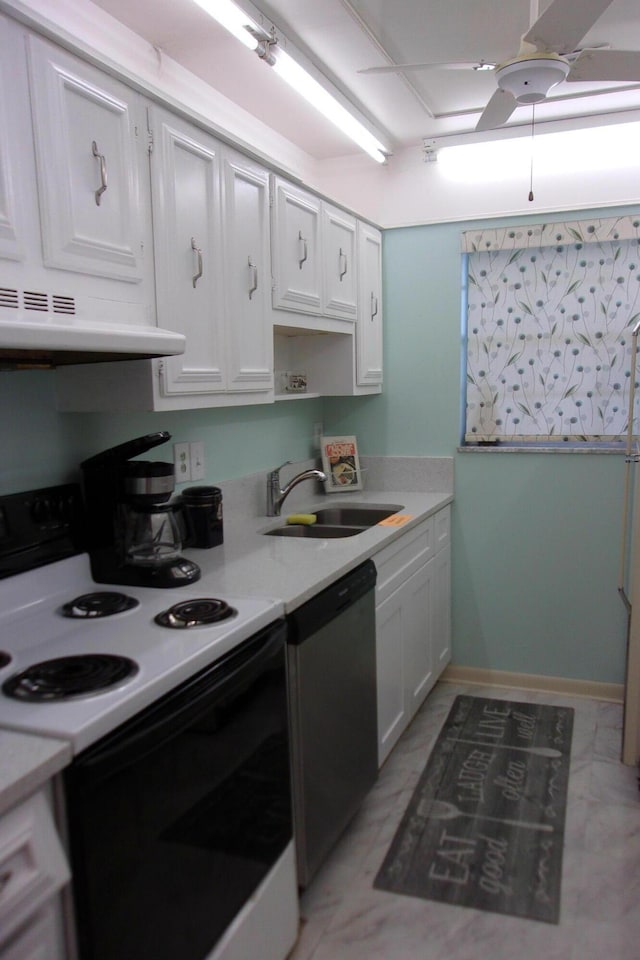 kitchen with sink, electric range, stainless steel dishwasher, and white cabinets