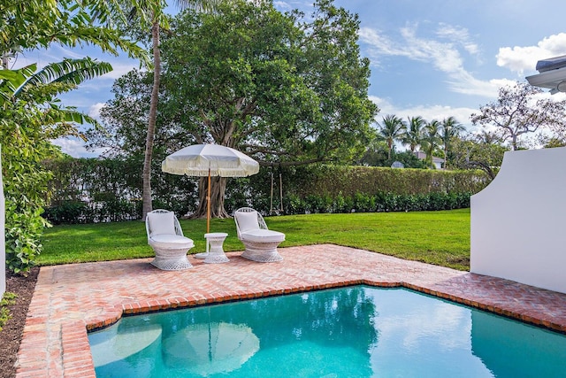 view of pool with a patio and a yard