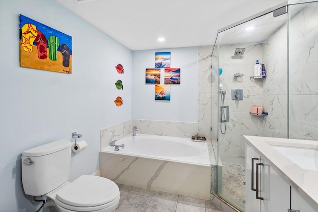 full bathroom featuring shower with separate bathtub, vanity, toilet, and tile floors