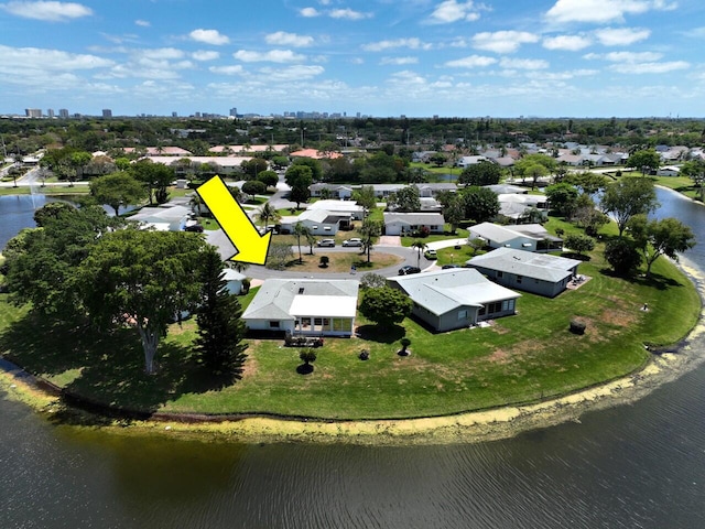 drone / aerial view featuring a water view