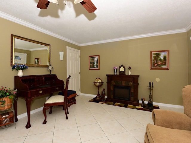 living area with ceiling fan, light tile floors, and ornamental molding