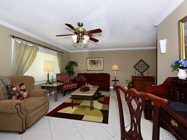 living room with ornamental molding, ceiling fan, and light tile floors