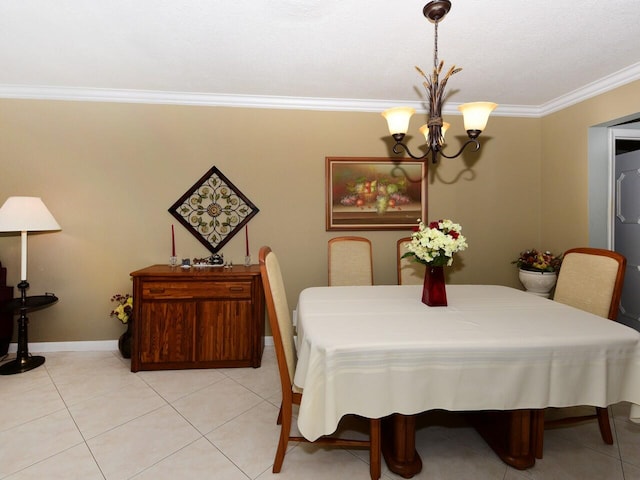 tiled dining area with a notable chandelier and ornamental molding