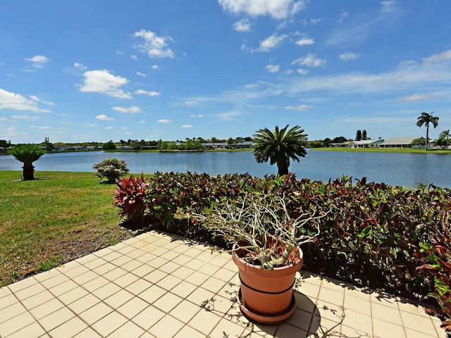 view of patio / terrace featuring a water view