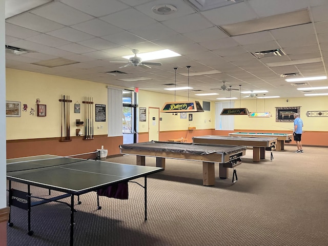 playroom with ceiling fan, pool table, carpet, and a paneled ceiling