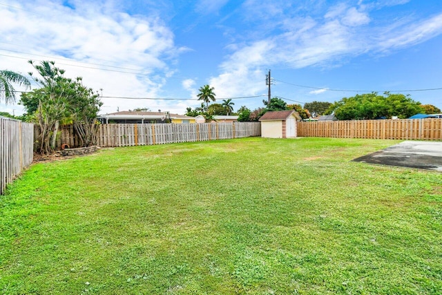 view of yard featuring a storage unit