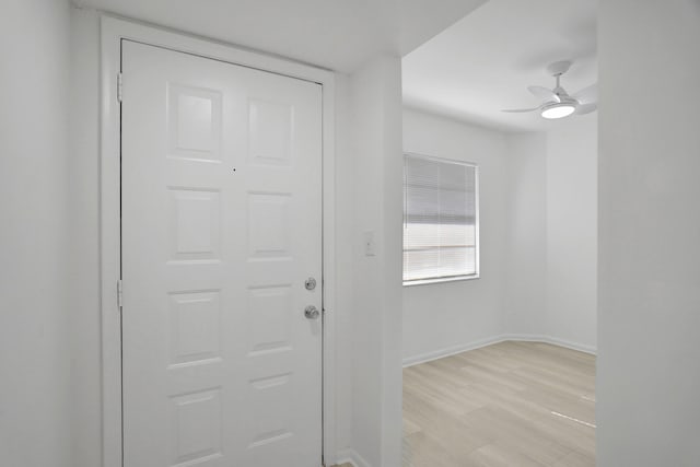 foyer with ceiling fan and light hardwood / wood-style floors