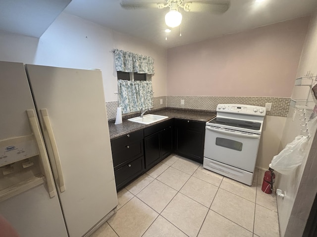 kitchen featuring white appliances, backsplash, sink, ceiling fan, and light tile patterned flooring