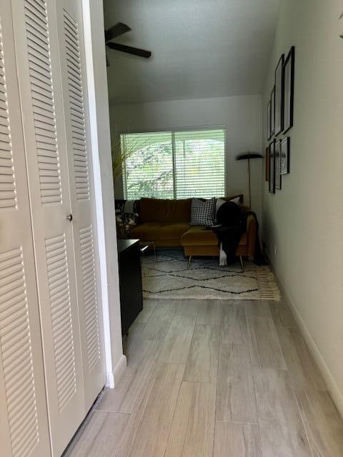 living room with light hardwood / wood-style floors and ceiling fan