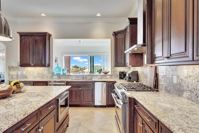 kitchen with wall chimney range hood, sink, ornamental molding, appliances with stainless steel finishes, and tasteful backsplash