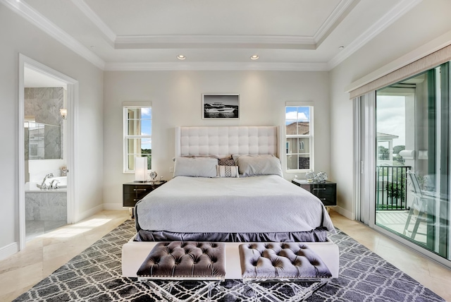 tiled bedroom with crown molding, access to outside, and ensuite bath