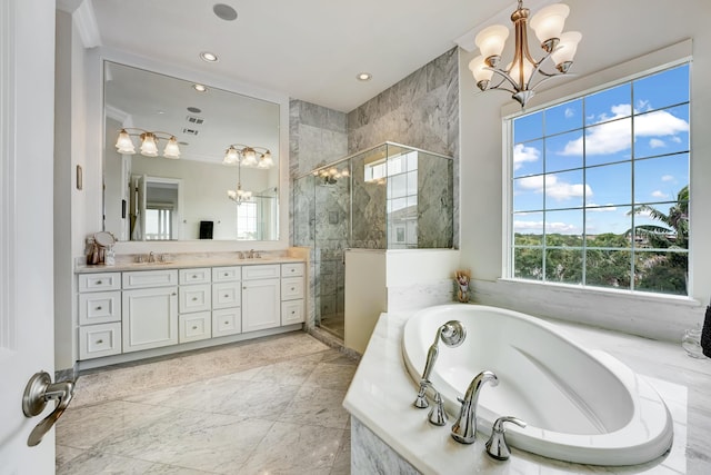 bathroom with shower with separate bathtub, vanity, an inviting chandelier, and crown molding