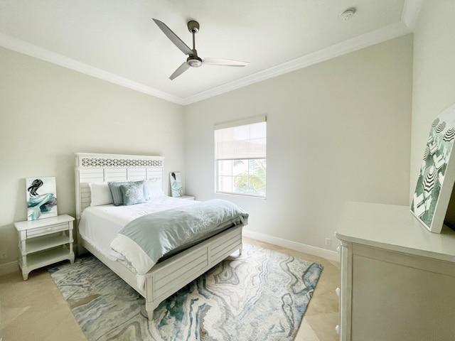 bedroom with ceiling fan and ornamental molding