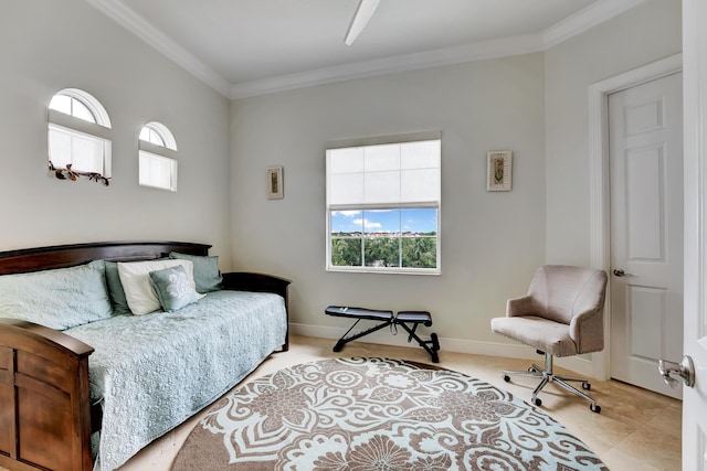 tiled bedroom featuring ornamental molding and multiple windows