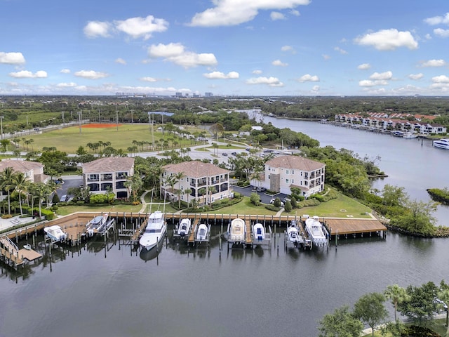 birds eye view of property featuring a water view