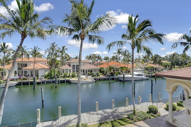 water view featuring a dock