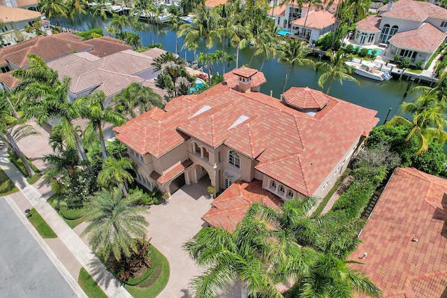 bird's eye view with a water view