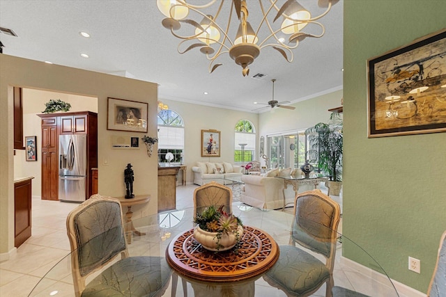 dining room with ornamental molding, recessed lighting, visible vents, and ceiling fan with notable chandelier