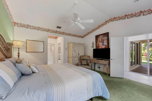 bedroom featuring visible vents, ceiling fan, vaulted ceiling, access to exterior, and light carpet
