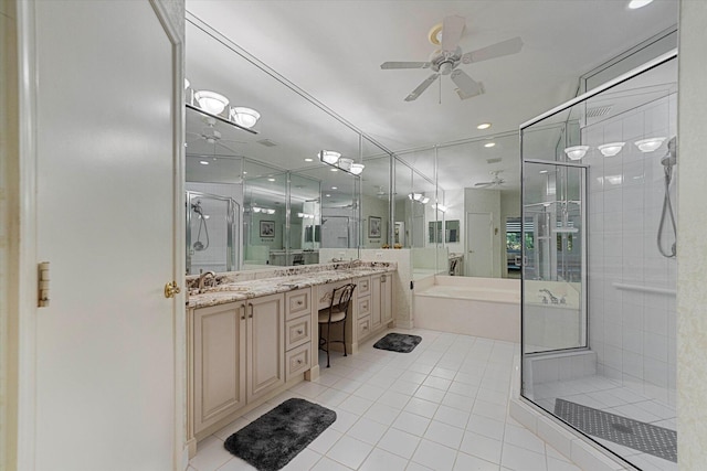 bathroom with a bath, vanity, a ceiling fan, a stall shower, and tile patterned floors