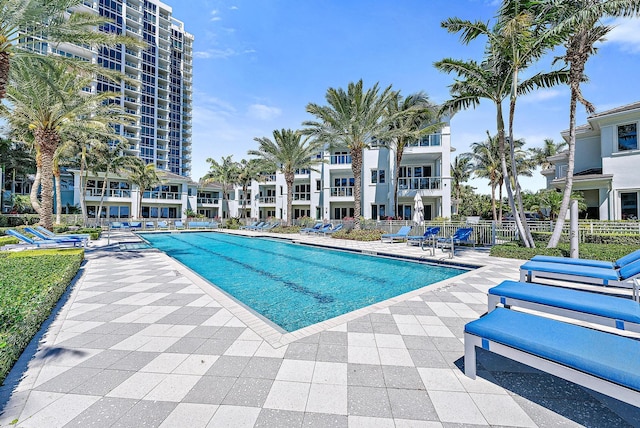 view of swimming pool featuring a patio