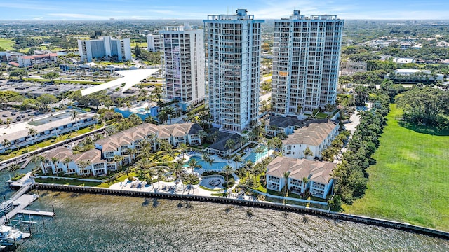 bird's eye view with a water view